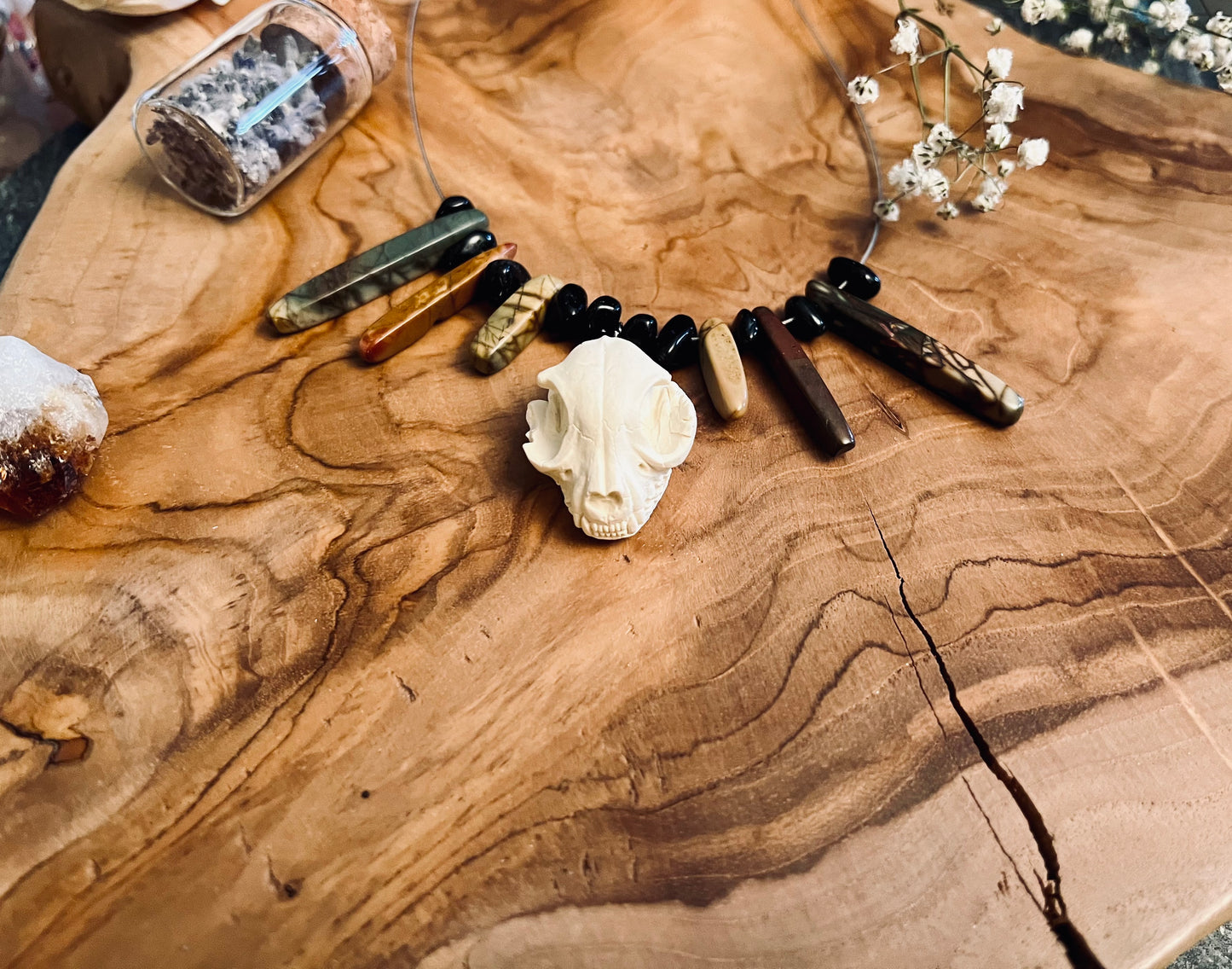 Cat Skull Necklace with Red Jasper & Obsidian