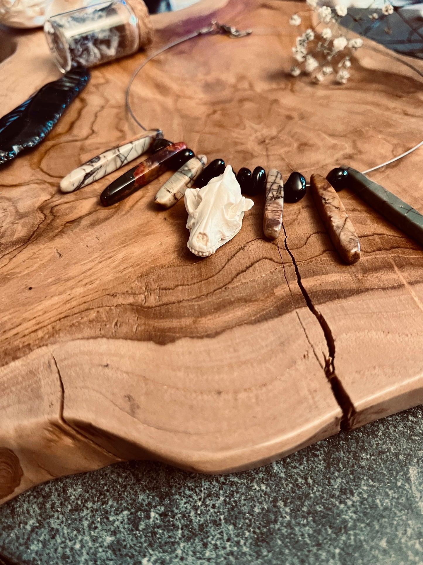 Dire Wolf Necklace with Red Jasper & Obsidian