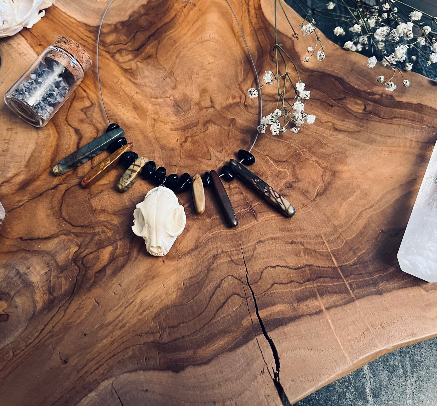 Cat Skull Necklace with Red Jasper & Obsidian