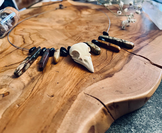 Raven Skull Necklace with Red Jasper & Obsidian