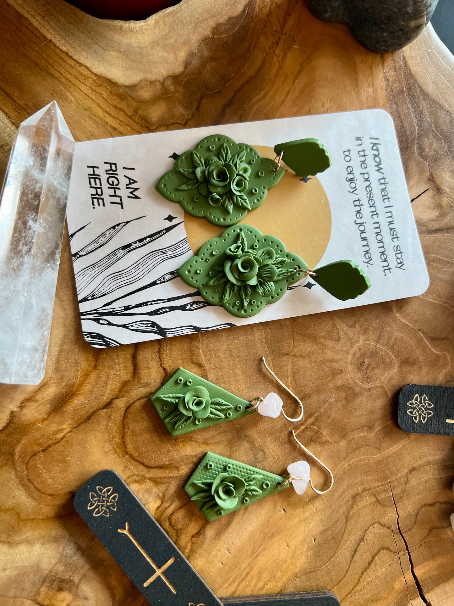 Radiate love and compassion with our monochromatic olive earrings, meticulously crafted with botanical accents and infused with the gentle energy of rose quartz, perfect for spreading harmony and joy.