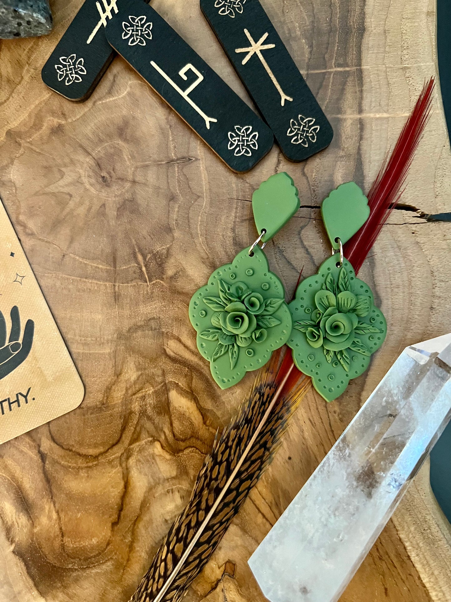 Channel the spirit of Greek mythology with our olive-colored floral earrings, symbolizing peace and friendship, each intricately handmade from polymer clay.