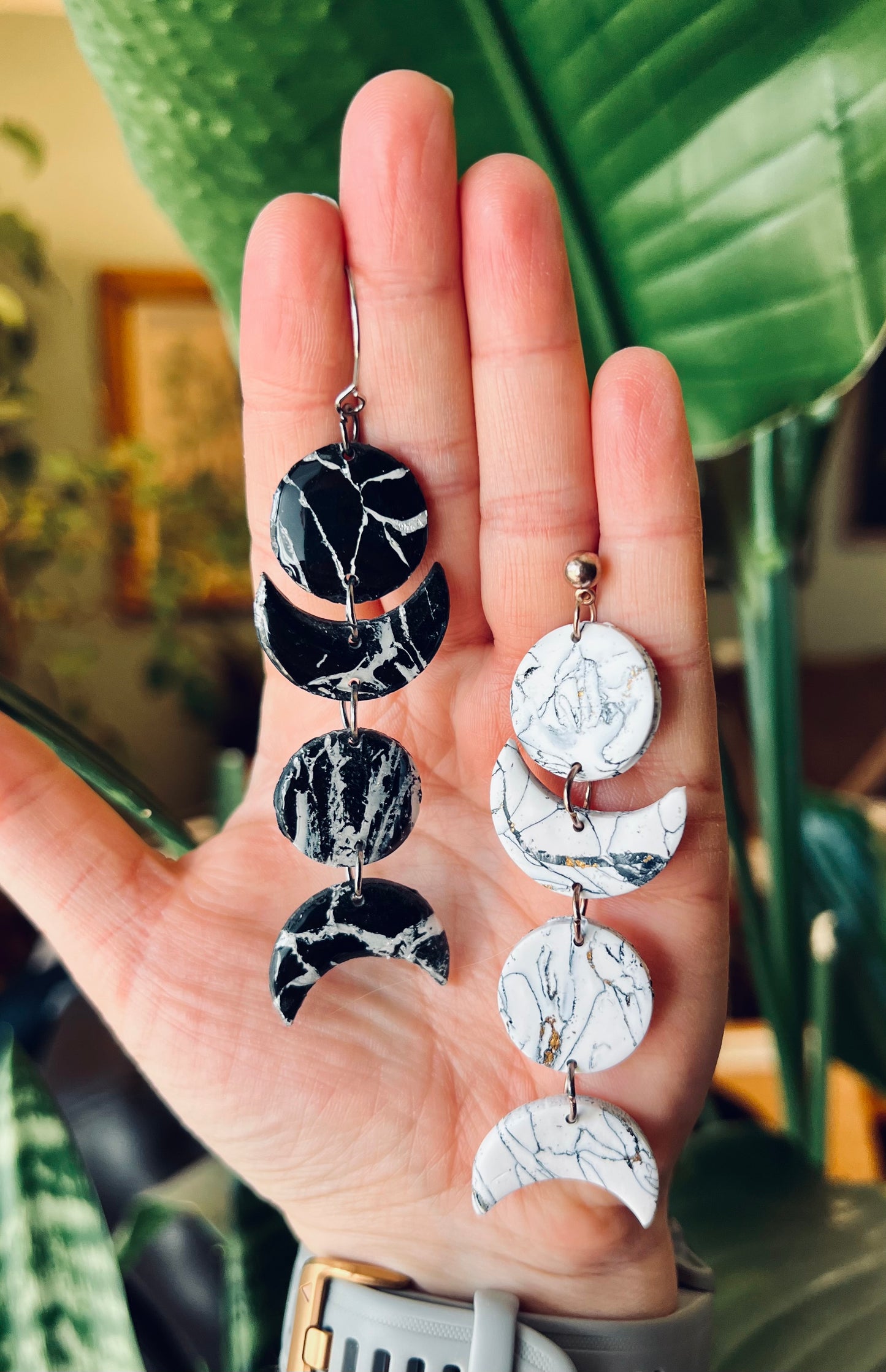 Yin & Yang moon phase earrings. Embrace the elegance of lunar phases with our unique polymer clay white moon earrings, inspired by the ever-changing cycles of the moon