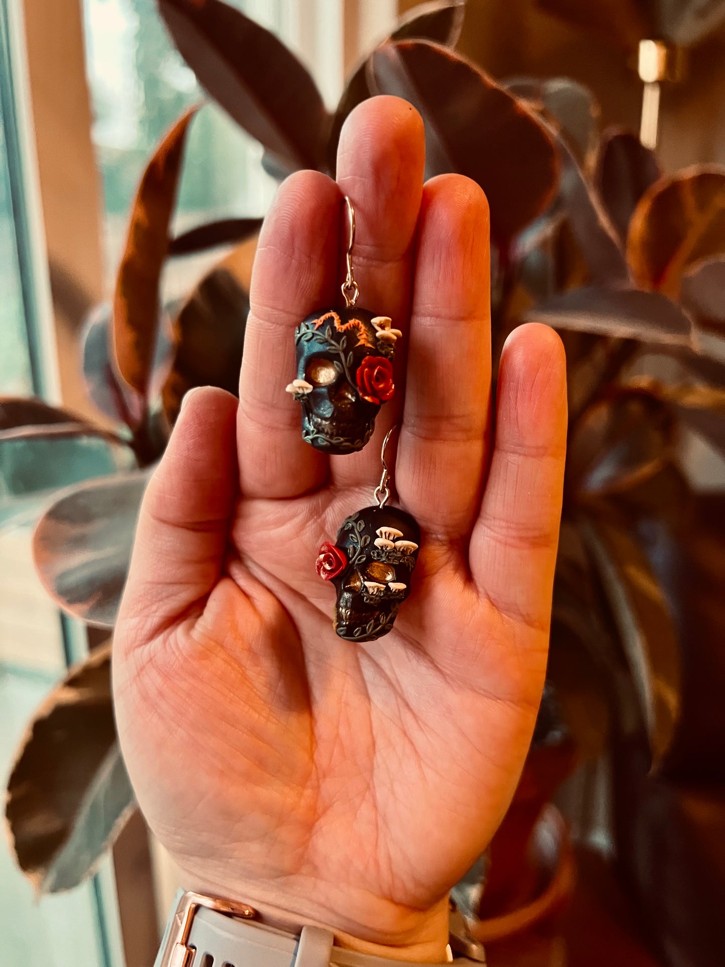 Dark Botanical Skull Earrings