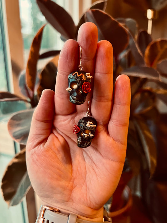 Dark Botanical Skull Earrings