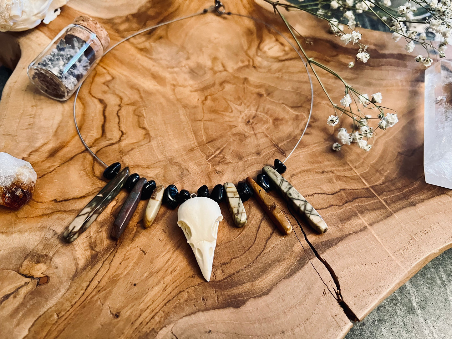 Raven Skull Necklace with Red Jasper & Obsidian