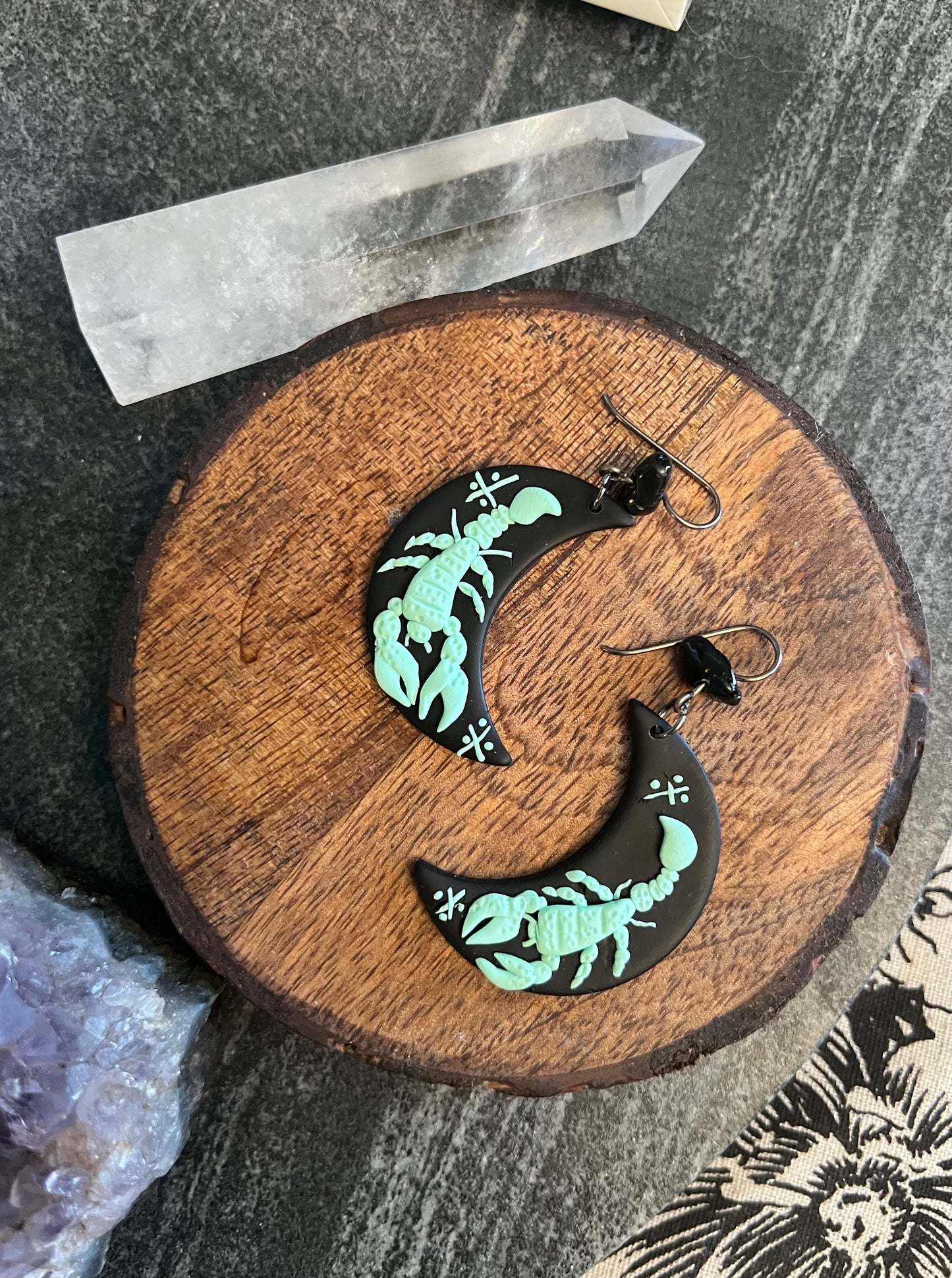 Unique polymer clay Scorpio earrings with obsidian healing crystal accent. Handcrafted designs celebrate your zodiac sign while harnessing the protective and grounding energy of obsidian. Elevate your style and spiritual energy with these artisanal earrings. Shop now!