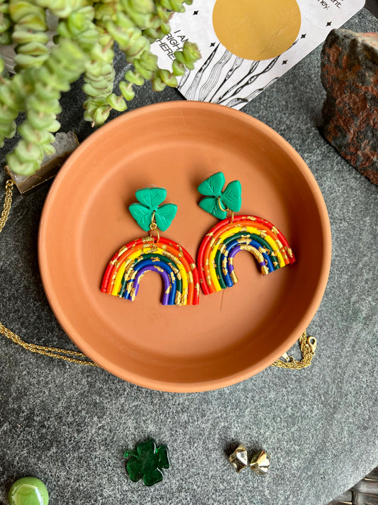 Celebrate your Irish heritage or St. Patrick's Day with these shamrock and rainbow polymer clay earrings.